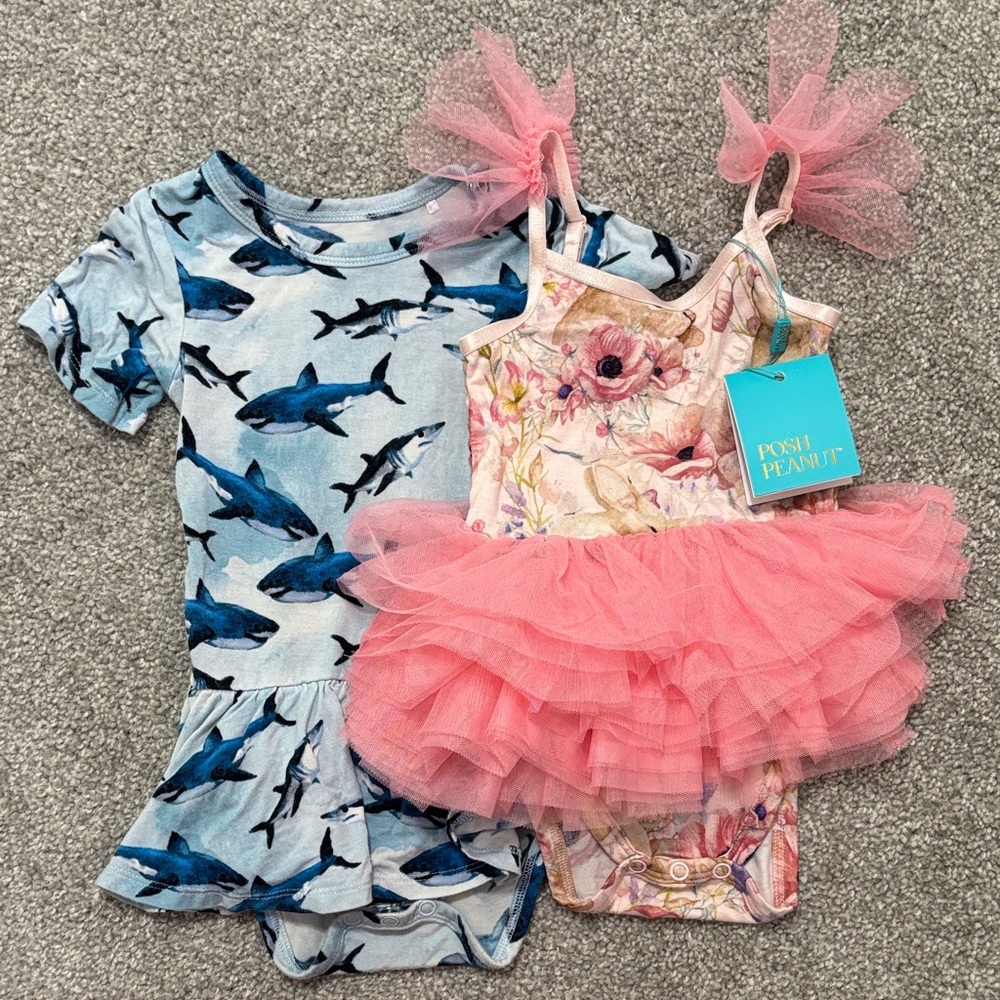 Posh Peanut Blue Shark & Pink Floral Tutu Rompers-EUC&BNWT. 6-12 months